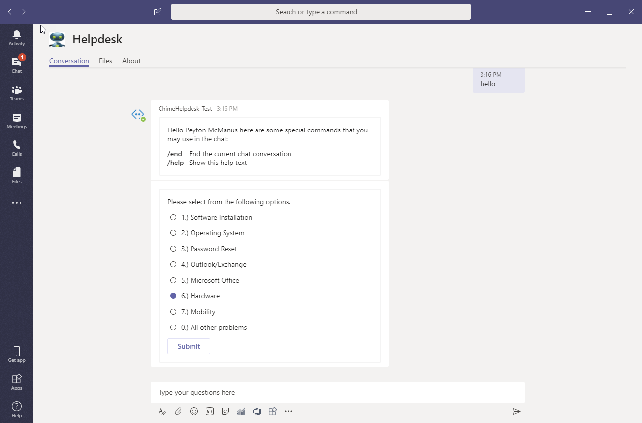 Routing into a service desk using Microsoft Teams